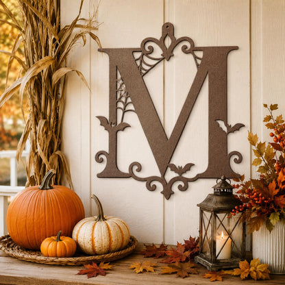 Personalized Halloween Metal Sign, Custom Initial Bat Spiderweb Wall Art, Gothic Porch Door Decor, Family Surname Home Accent