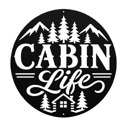 Rustic Cabin Metal Sign, Mountain Pine Tree Wall Decor, Lodge Housewarming Gift, Woodland Retreat Art, Steel Circle Home Accent