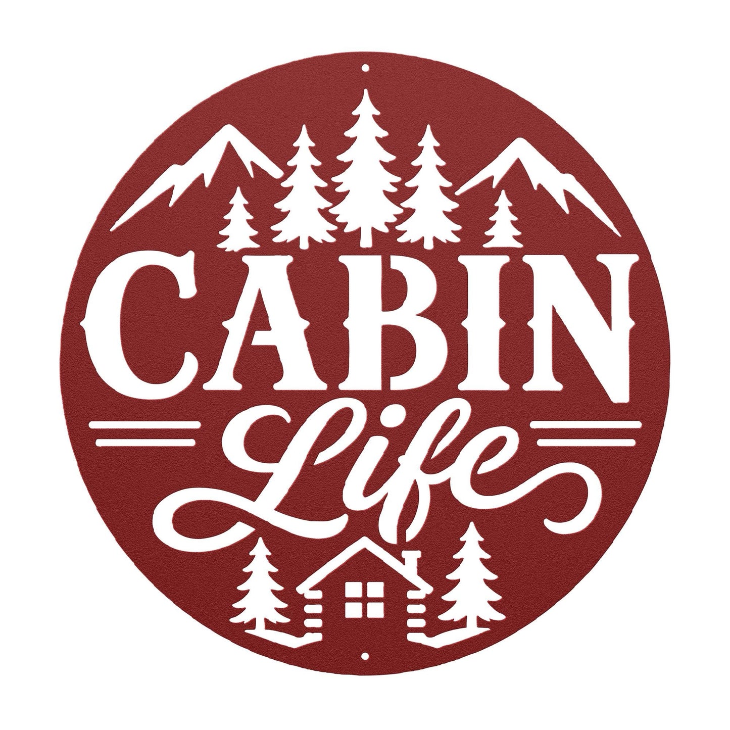Rustic Cabin Metal Sign, Mountain Pine Tree Wall Decor, Lodge Housewarming Gift, Woodland Retreat Art, Steel Circle Home Accent