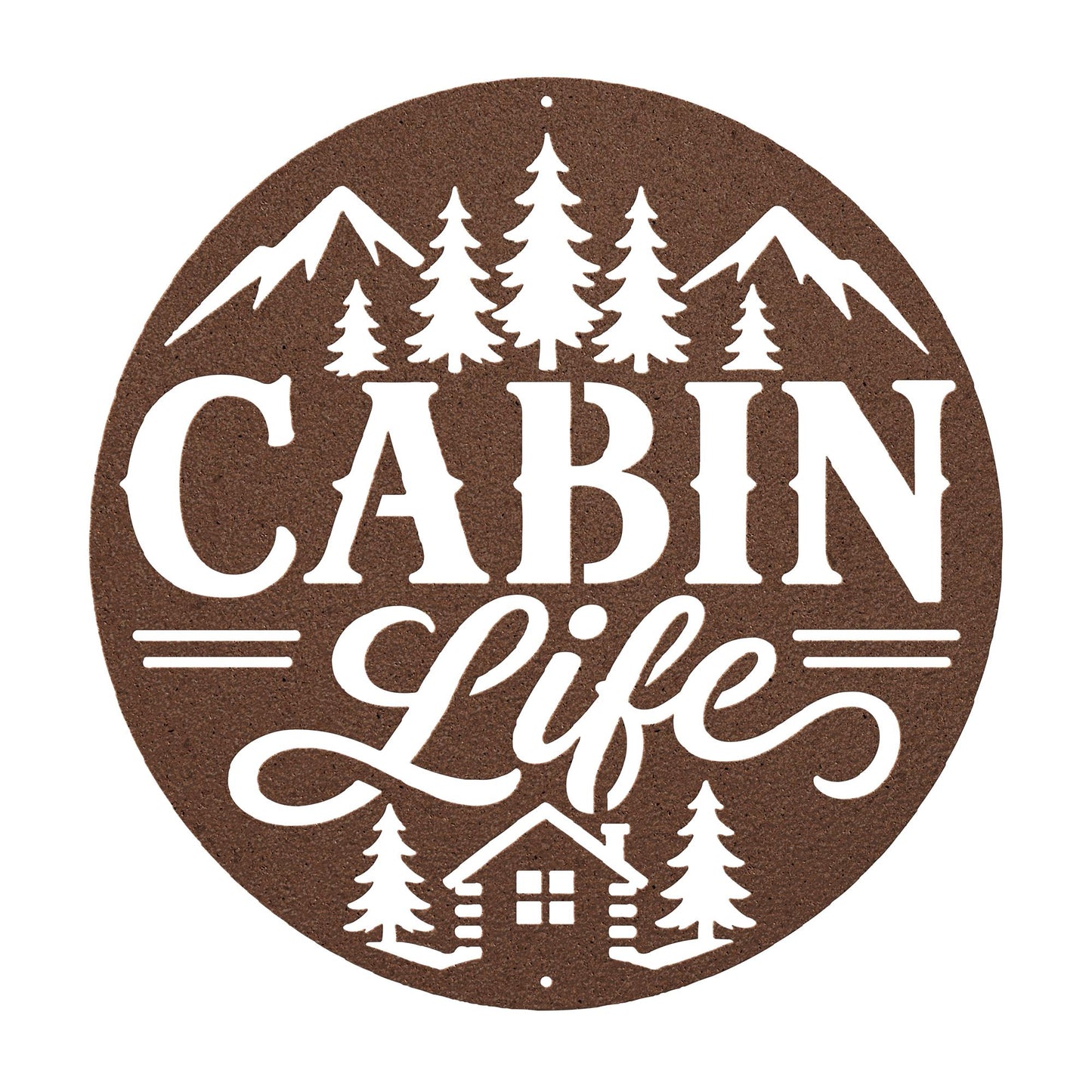 Rustic Cabin Metal Sign, Mountain Pine Tree Wall Decor, Lodge Housewarming Gift, Woodland Retreat Art, Steel Circle Home Accent