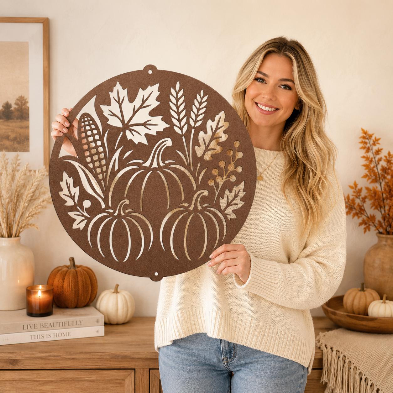 Fall Harvest Metal Sign, Pumpkin Corn Wheat Wall Decor, Autumn Farmhouse Home Accent, Thanksgiving Hostess Gift, Seasonal Steel Art