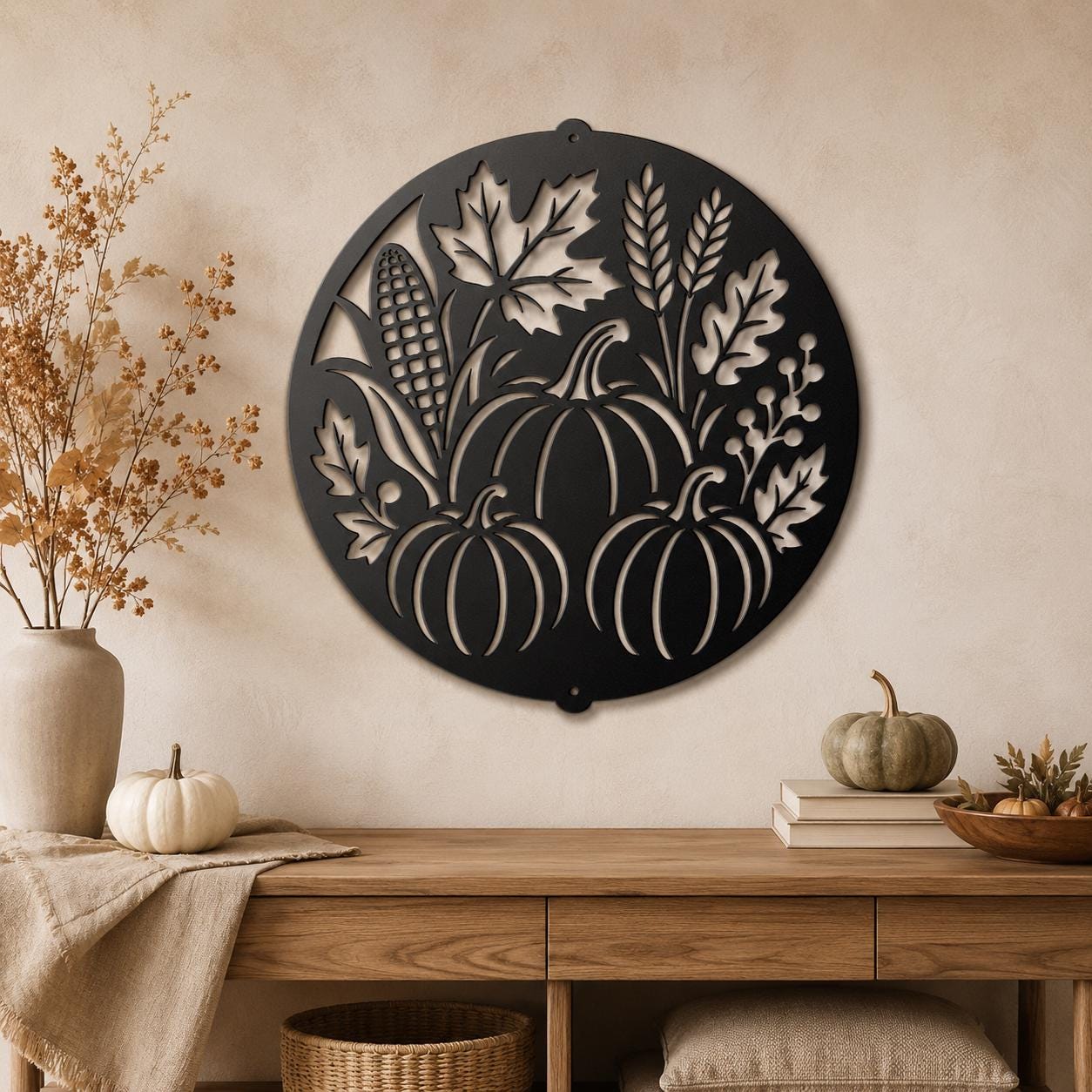 Fall Harvest Metal Sign, Pumpkin Corn Wheat Wall Decor, Autumn Farmhouse Home Accent, Thanksgiving Hostess Gift, Seasonal Steel Art