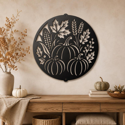 Fall Harvest Metal Sign, Pumpkin Corn Wheat Wall Decor, Autumn Farmhouse Home Accent, Thanksgiving Hostess Gift, Seasonal Steel Art