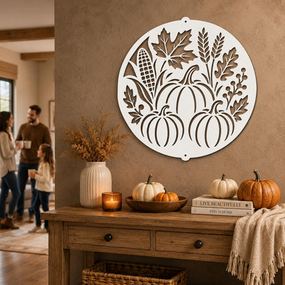 Fall Harvest Metal Sign, Pumpkin Corn Wheat Wall Decor, Autumn Farmhouse Home Accent, Thanksgiving Hostess Gift, Seasonal Steel Art