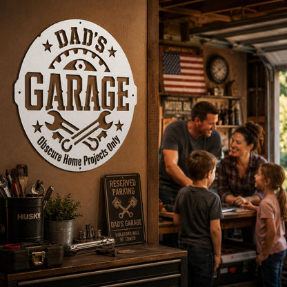 Dad's Garage Metal Sign, Funny Workshop Wall Decor, Father's Day Steel Plaque, Man Cave Art, Mechanic Gift For Him, Rustic Tool Shed Accent