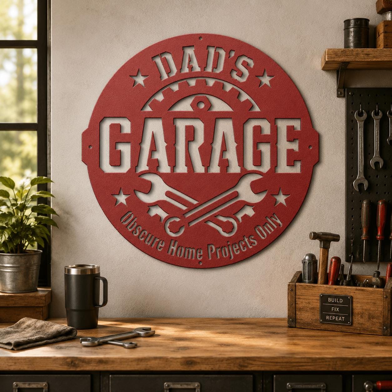 Dad's Garage Metal Sign, Funny Workshop Wall Decor, Father's Day Steel Plaque, Man Cave Art, Mechanic Gift For Him, Rustic Tool Shed Accent