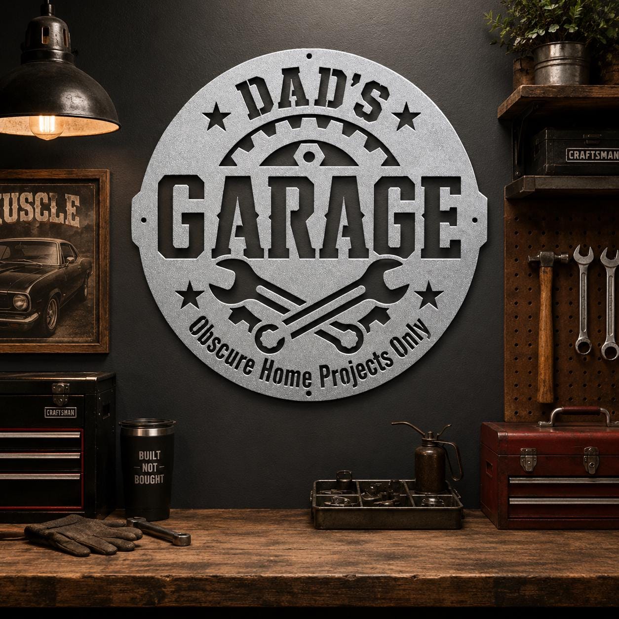 Dad's Garage Metal Sign, Funny Workshop Wall Decor, Father's Day Steel Plaque, Man Cave Art, Mechanic Gift For Him, Rustic Tool Shed Accent