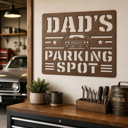 Dad's Parking Spot Metal Sign, Garage Wall Decor, Father's Day Steel Plaque, Classic Car Art, Mechanic Gift For Him, Man Cave Auto Accent