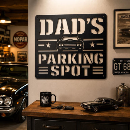 Dad's Parking Spot Metal Sign, Garage Wall Decor, Father's Day Steel Plaque, Classic Car Art, Mechanic Gift For Him, Man Cave Auto Accent