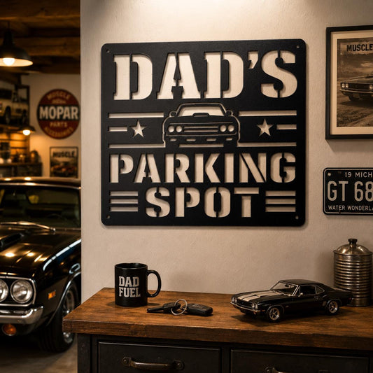 Dad's Parking Spot Metal Sign, Garage Wall Decor, Father's Day Steel Plaque, Classic Car Art, Mechanic Gift For Him, Man Cave Auto Accent