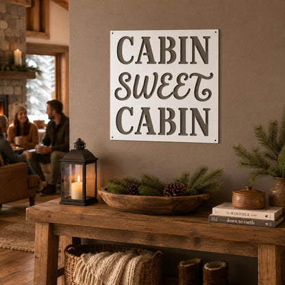 Cabin Sweet Cabin Sign, Rustic Metal Wall Decor, Mountain Lodge Plaque, Woodland Entryway Art, Cozy Retreat Housewarming Gift