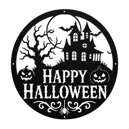 Happy Halloween Metal Sign, Haunted House Wall Decor, Pumpkin Bat Door Hanger, Spooky Round Porch Art, Gothic Fall Entryway Seasonal Accent