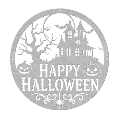 Happy Halloween Metal Sign, Haunted House Wall Decor, Pumpkin Bat Door Hanger, Spooky Round Porch Art, Gothic Fall Entryway Seasonal Accent