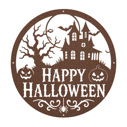 Happy Halloween Metal Sign, Haunted House Wall Decor, Pumpkin Bat Door Hanger, Spooky Round Porch Art, Gothic Fall Entryway Seasonal Accent