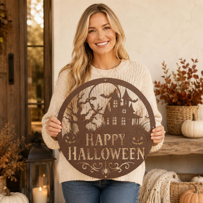 Happy Halloween Metal Sign, Haunted House Wall Decor, Pumpkin Bat Door Hanger, Spooky Round Porch Art, Gothic Fall Entryway Seasonal Accent