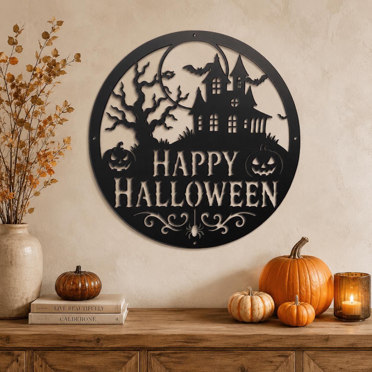 Happy Halloween Metal Sign, Haunted House Wall Decor, Pumpkin Bat Door Hanger, Spooky Round Porch Art, Gothic Fall Entryway Seasonal Accent