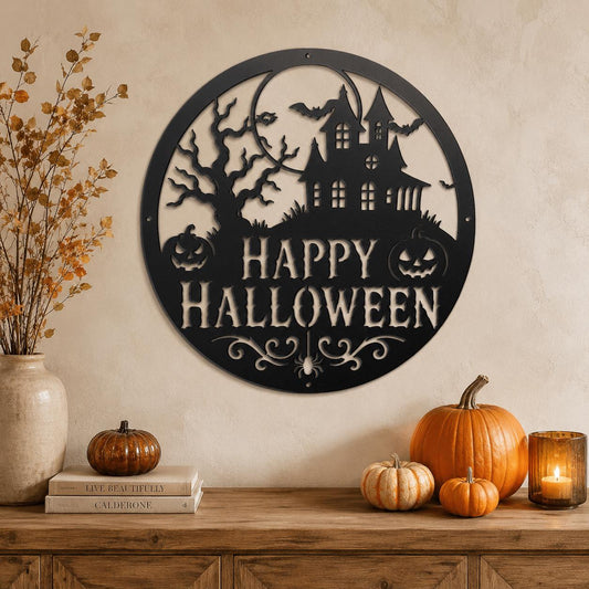 Happy Halloween Metal Sign, Haunted House Wall Decor, Pumpkin Bat Door Hanger, Spooky Round Porch Art, Gothic Fall Entryway Seasonal Accent