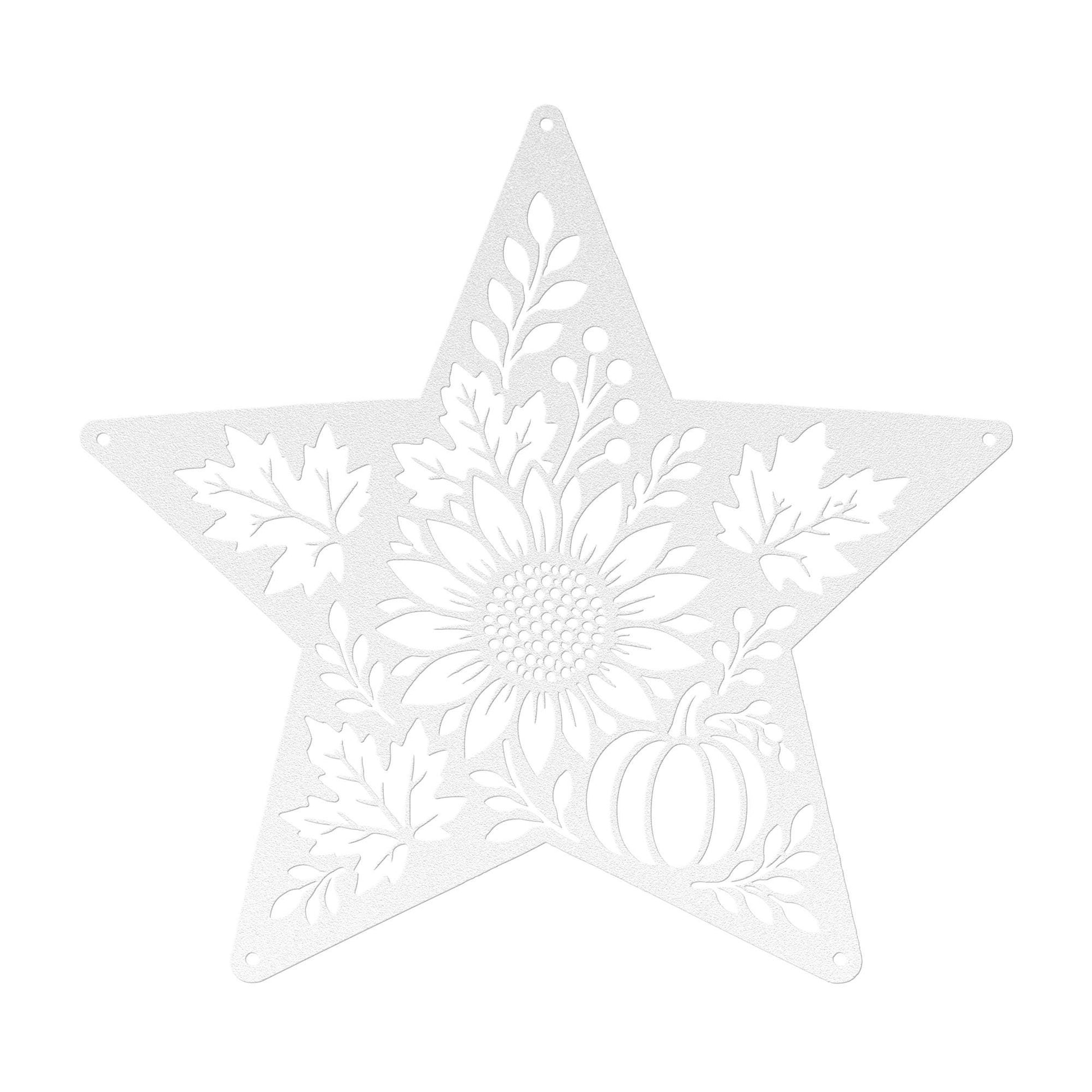 Autumn Sunflower Star Metal Sign, Pumpkin Fall Floral Wall Decor, Harvest Botanical Steel Art, Maple Leaf Farmhouse Home Accent
