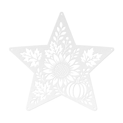 Autumn Sunflower Star Metal Sign, Pumpkin Fall Floral Wall Decor, Harvest Botanical Steel Art, Maple Leaf Farmhouse Home Accent
