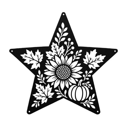 Autumn Sunflower Star Metal Sign, Pumpkin Fall Floral Wall Decor, Harvest Botanical Steel Art, Maple Leaf Farmhouse Home Accent