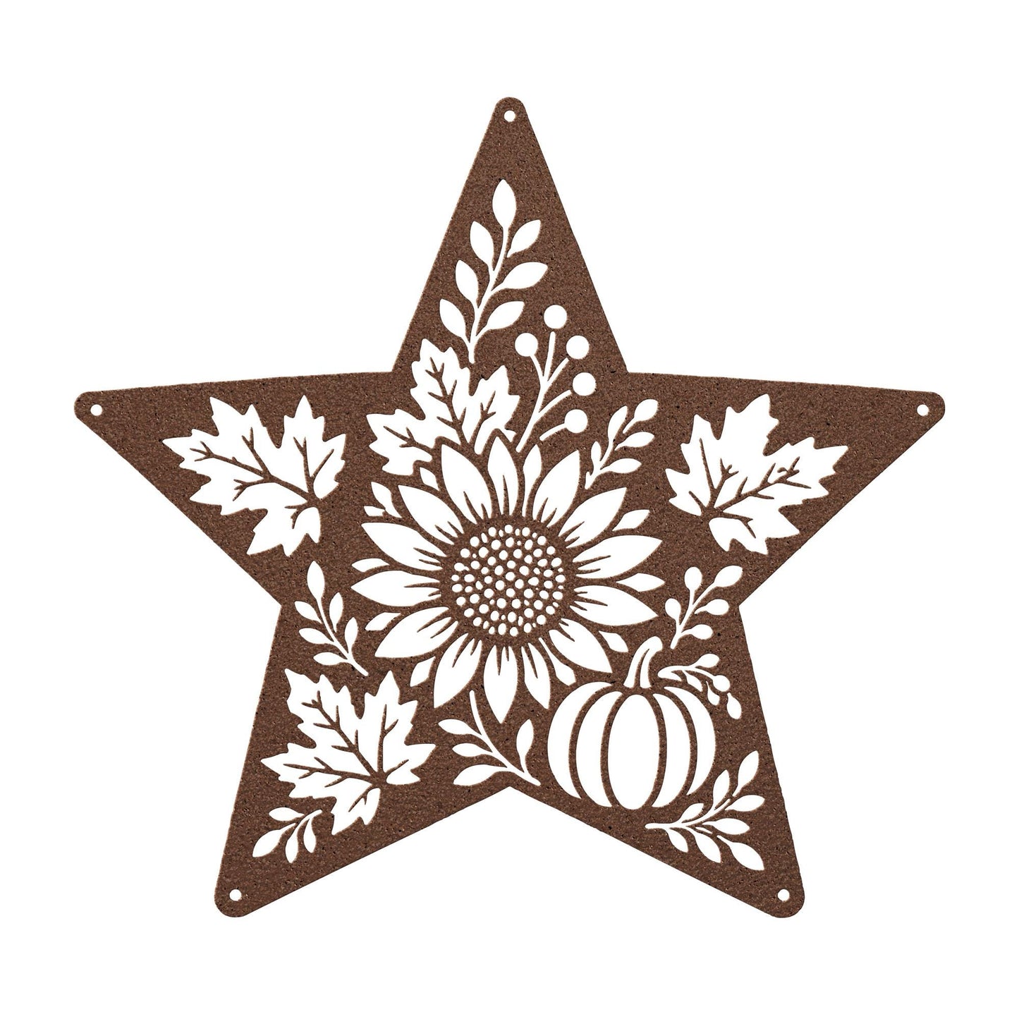 Autumn Sunflower Star Metal Sign, Pumpkin Fall Floral Wall Decor, Harvest Botanical Steel Art, Maple Leaf Farmhouse Home Accent