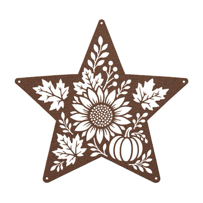 Autumn Sunflower Star Metal Sign, Pumpkin Fall Floral Wall Decor, Harvest Botanical Steel Art, Maple Leaf Farmhouse Home Accent