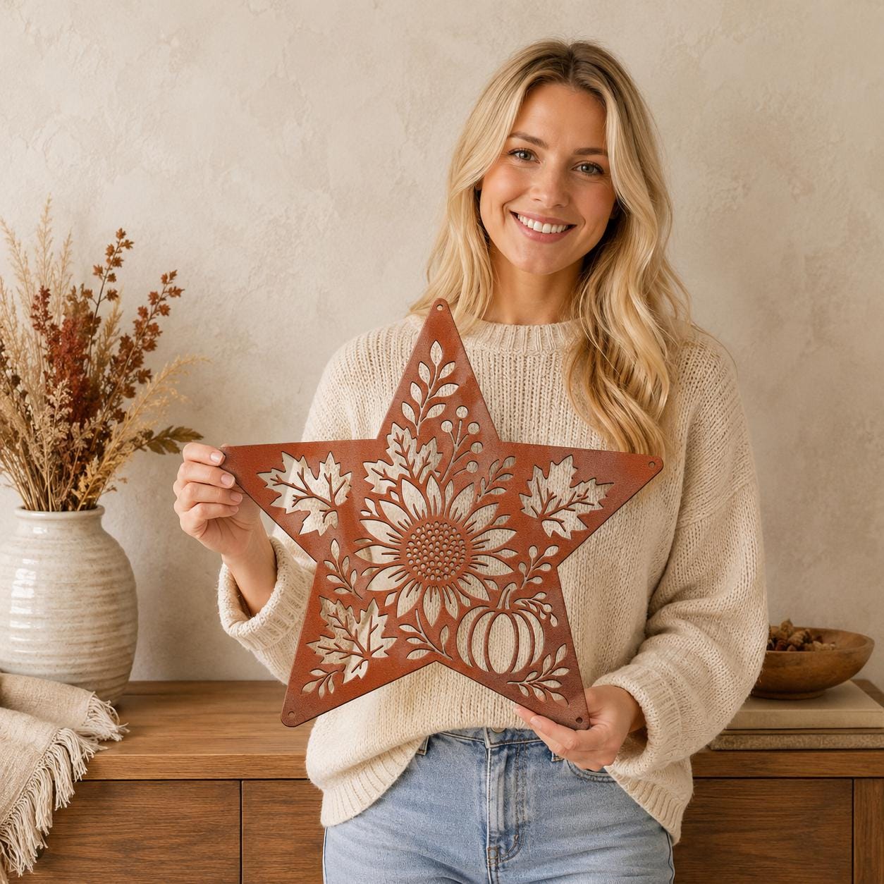 Autumn Sunflower Star Metal Sign, Pumpkin Fall Floral Wall Decor, Harvest Botanical Steel Art, Maple Leaf Farmhouse Home Accent
