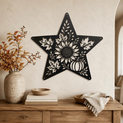 Autumn Sunflower Star Metal Sign, Pumpkin Fall Floral Wall Decor, Harvest Botanical Steel Art, Maple Leaf Farmhouse Home Accent