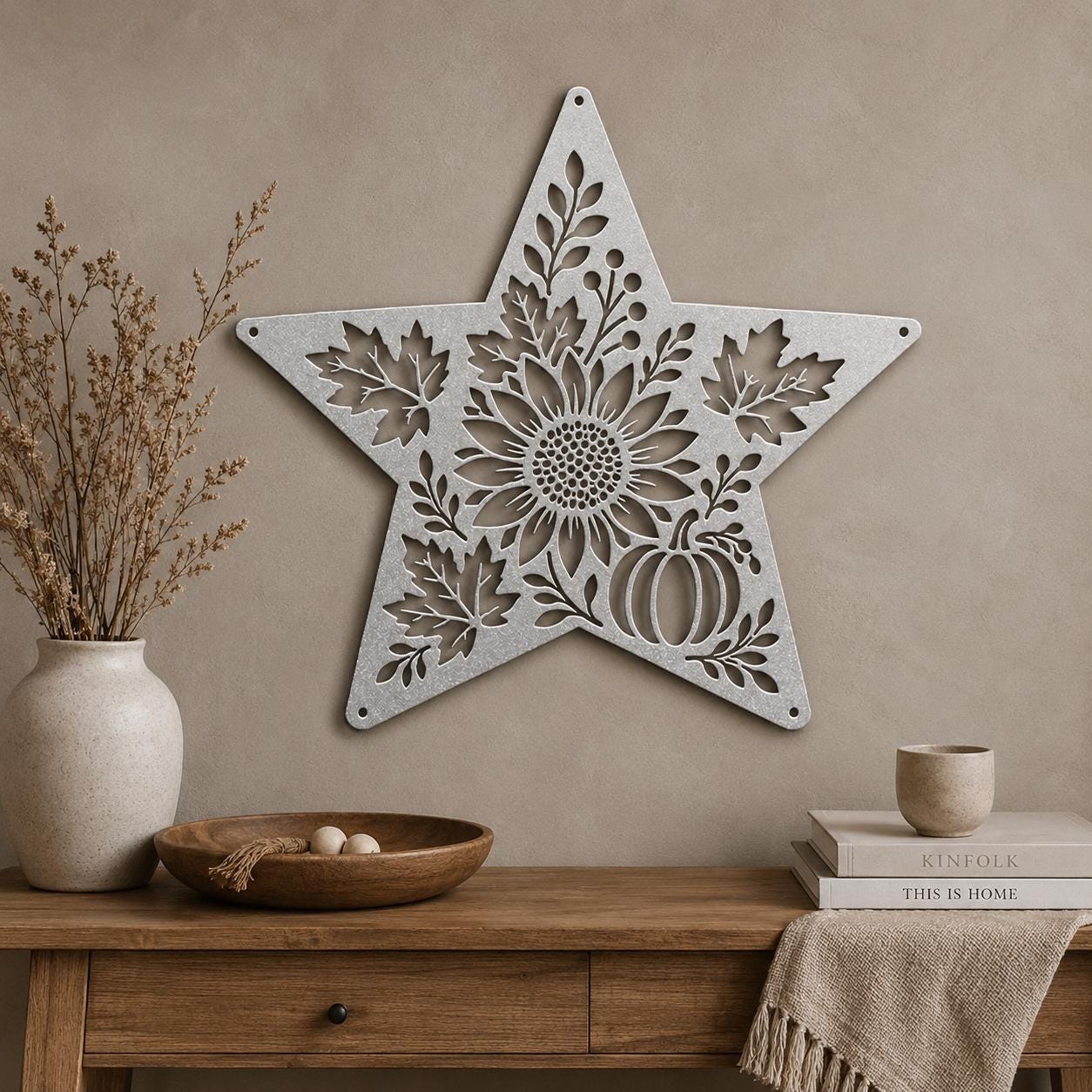 Autumn Sunflower Star Metal Sign, Pumpkin Fall Floral Wall Decor, Harvest Botanical Steel Art, Maple Leaf Farmhouse Home Accent