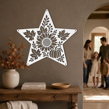 Autumn Sunflower Star Metal Sign, Pumpkin Fall Floral Wall Decor, Harvest Botanical Steel Art, Maple Leaf Farmhouse Home Accent