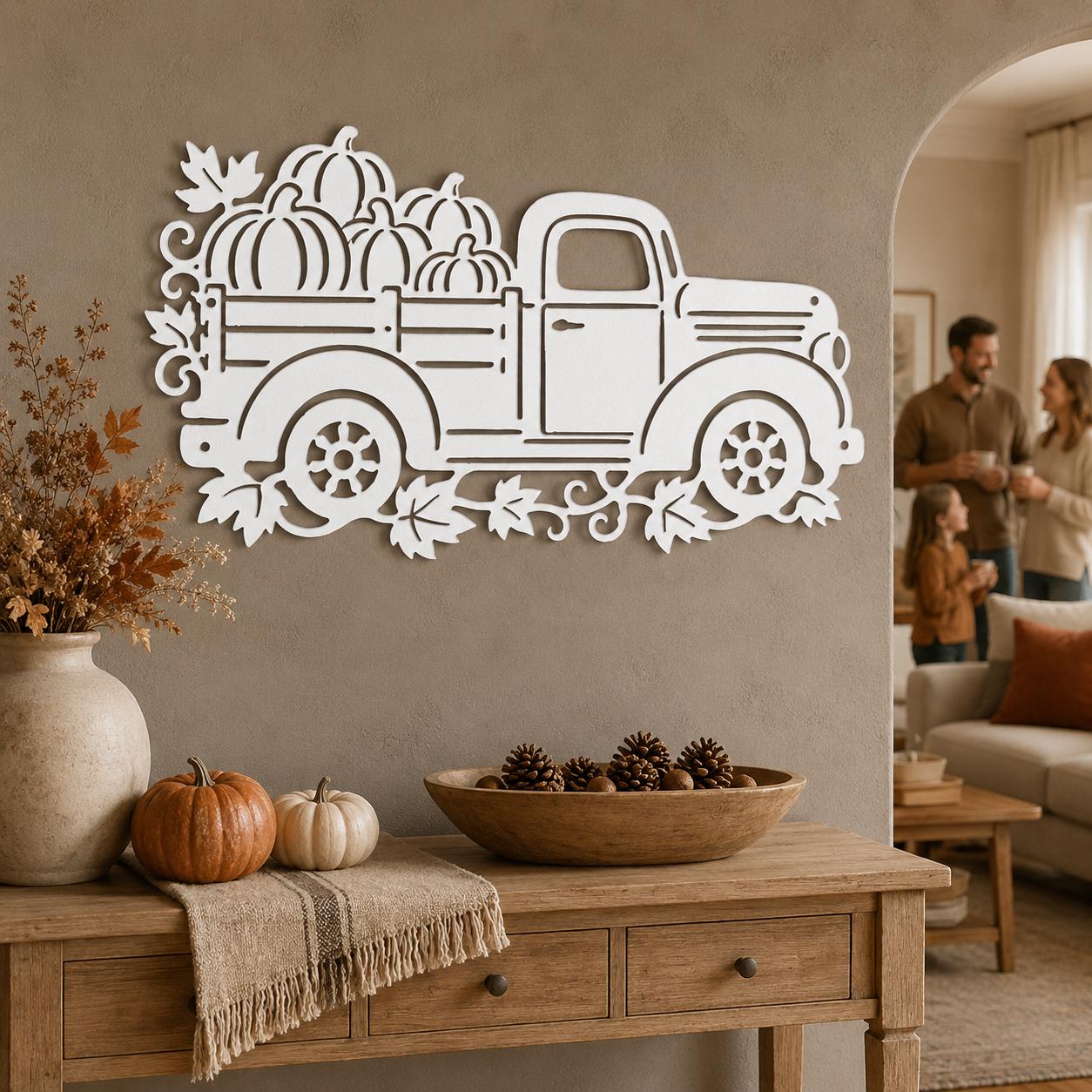 Pumpkin Truck Metal Sign, Vintage Fall Pickup Wall Decor, Harvest Farmhouse Steel Art, Rustic Autumn Porch Entryway Housewarming Gift