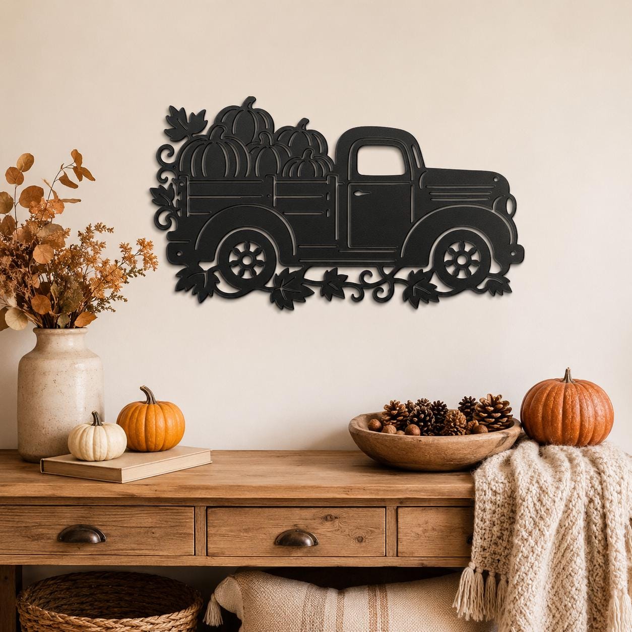 Pumpkin Truck Metal Sign, Vintage Fall Pickup Wall Decor, Harvest Farmhouse Steel Art, Rustic Autumn Porch Entryway Housewarming Gift