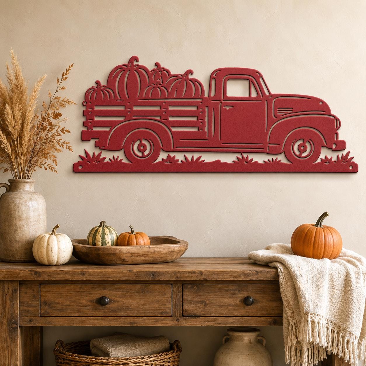 Pumpkin Truck Metal Sign, Vintage Pickup Fall Wall Decor, Harvest Farmhouse Steel Art, Autumn Porch Home Accent, Rustic Thanksgiving Gift