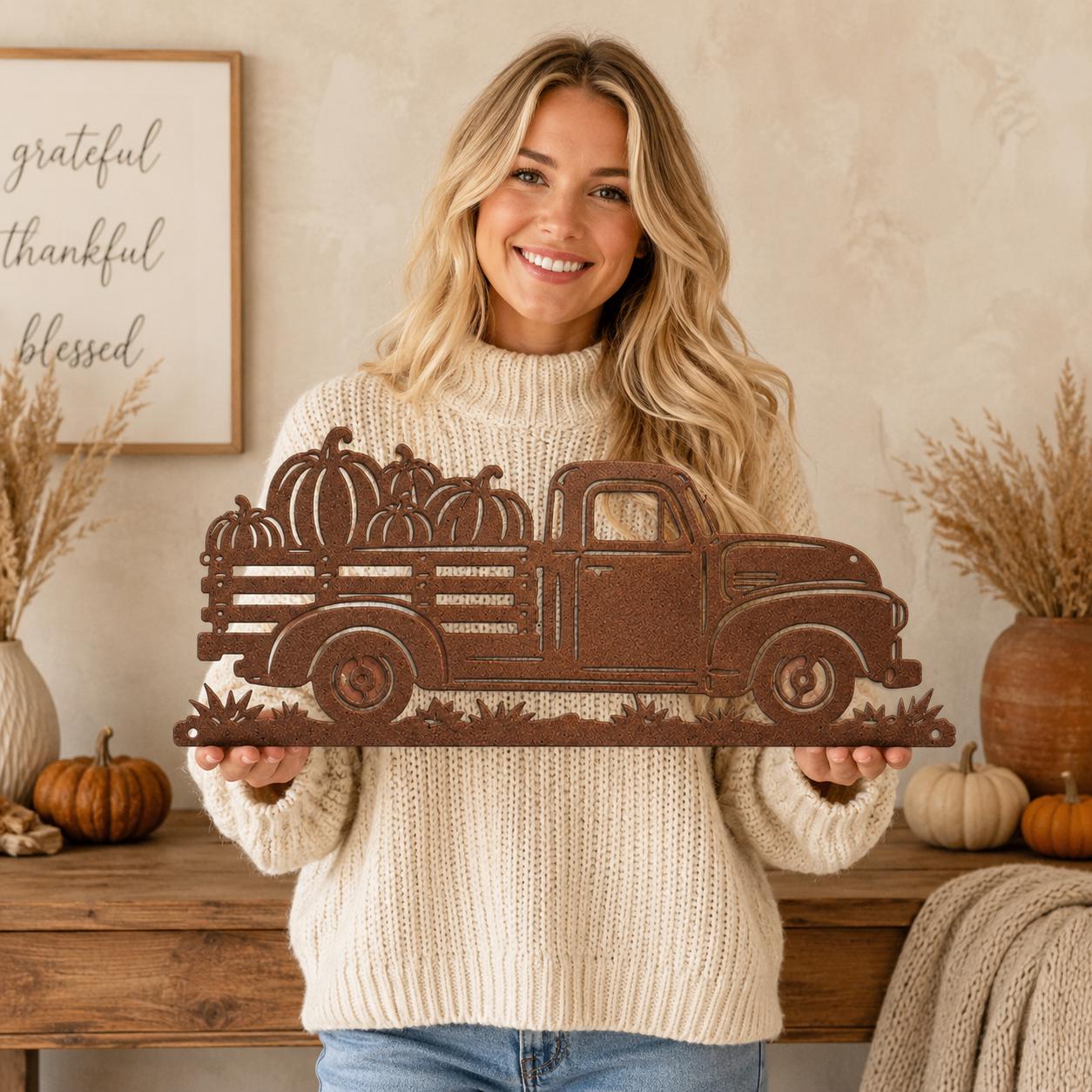 Pumpkin Truck Metal Sign, Vintage Pickup Fall Wall Decor, Harvest Farmhouse Steel Art, Autumn Porch Home Accent, Rustic Thanksgiving Gift