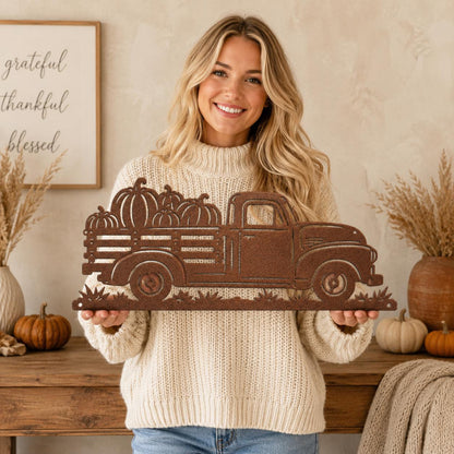 Pumpkin Truck Metal Sign, Vintage Pickup Fall Wall Decor, Harvest Farmhouse Steel Art, Autumn Porch Home Accent, Rustic Thanksgiving Gift