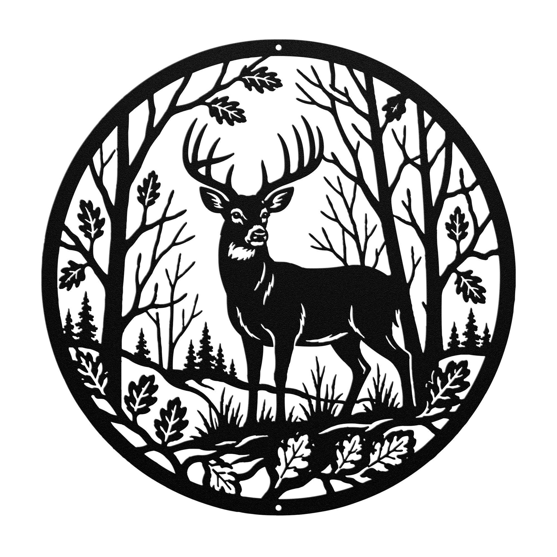 Deer Forest Metal Sign, Whitetail Buck Wall Decor, Round Woodland Steel Art, Rustic Cabin Home Accent, Hunting Lodge Oak Leaf Nature Gift