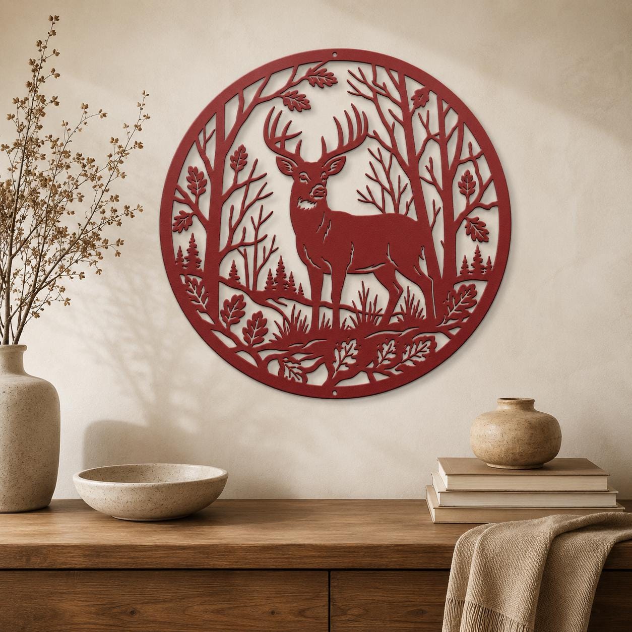 Deer Forest Metal Sign, Whitetail Buck Wall Decor, Round Woodland Steel Art, Rustic Cabin Home Accent, Hunting Lodge Oak Leaf Nature Gift