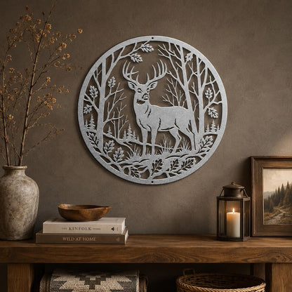 Deer Forest Metal Sign, Whitetail Buck Wall Decor, Round Woodland Steel Art, Rustic Cabin Home Accent, Hunting Lodge Oak Leaf Nature Gift