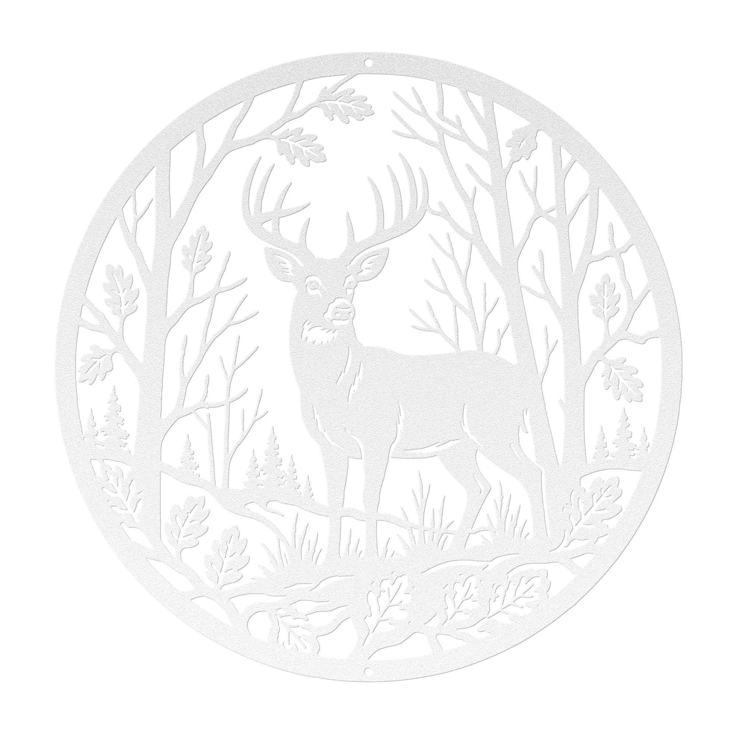 Deer Forest Metal Sign, Whitetail Buck Wall Decor, Round Woodland Steel Art, Rustic Cabin Home Accent, Hunting Lodge Oak Leaf Nature Gift