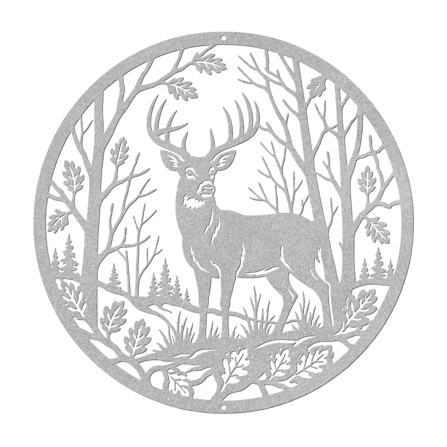 Deer Forest Metal Sign, Whitetail Buck Wall Decor, Round Woodland Steel Art, Rustic Cabin Home Accent, Hunting Lodge Oak Leaf Nature Gift