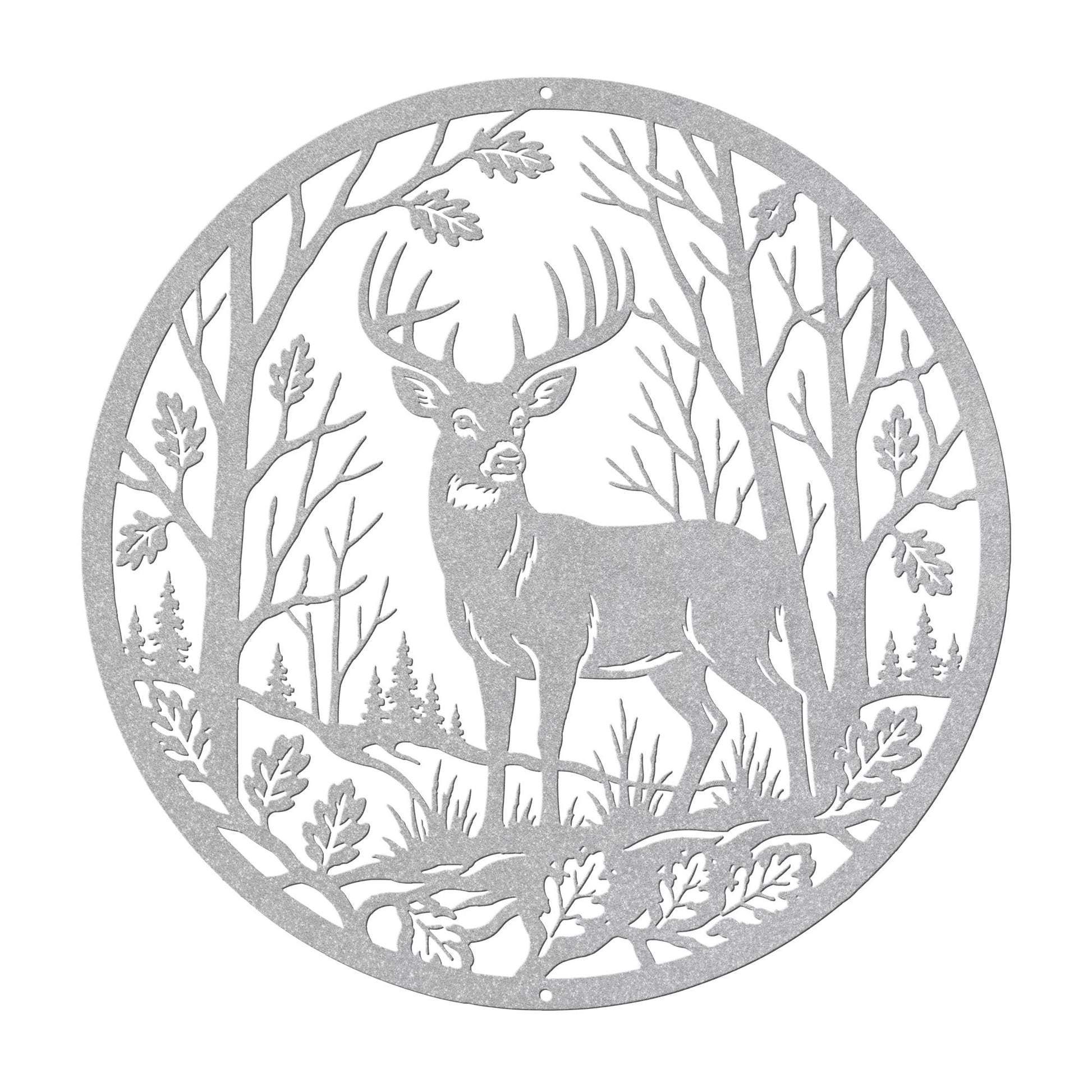 Deer Forest Metal Sign, Whitetail Buck Wall Decor, Round Woodland Steel Art, Rustic Cabin Home Accent, Hunting Lodge Oak Leaf Nature Gift
