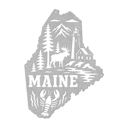 Maine Metal Sign, Coastal Moose Lighthouse Steel Decor, Pine Lobster State Wall Art, New England Cabin Entryway Nautical Housewarming Gift