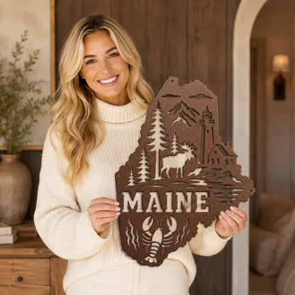 Maine Metal Sign, Coastal Moose Lighthouse Steel Decor, Pine Lobster State Wall Art, New England Cabin Entryway Nautical Housewarming Gift