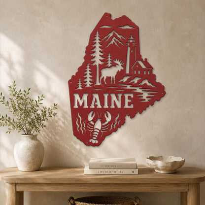 Maine Metal Sign, Coastal Moose Lighthouse Steel Decor, Pine Lobster State Wall Art, New England Cabin Entryway Nautical Housewarming Gift