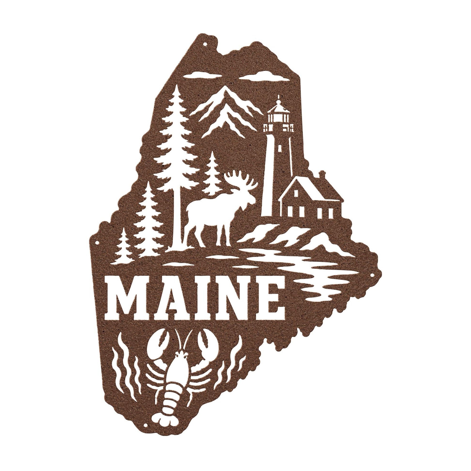 Maine Metal Sign, Coastal Moose Lighthouse Steel Decor, Pine Lobster State Wall Art, New England Cabin Entryway Nautical Housewarming Gift