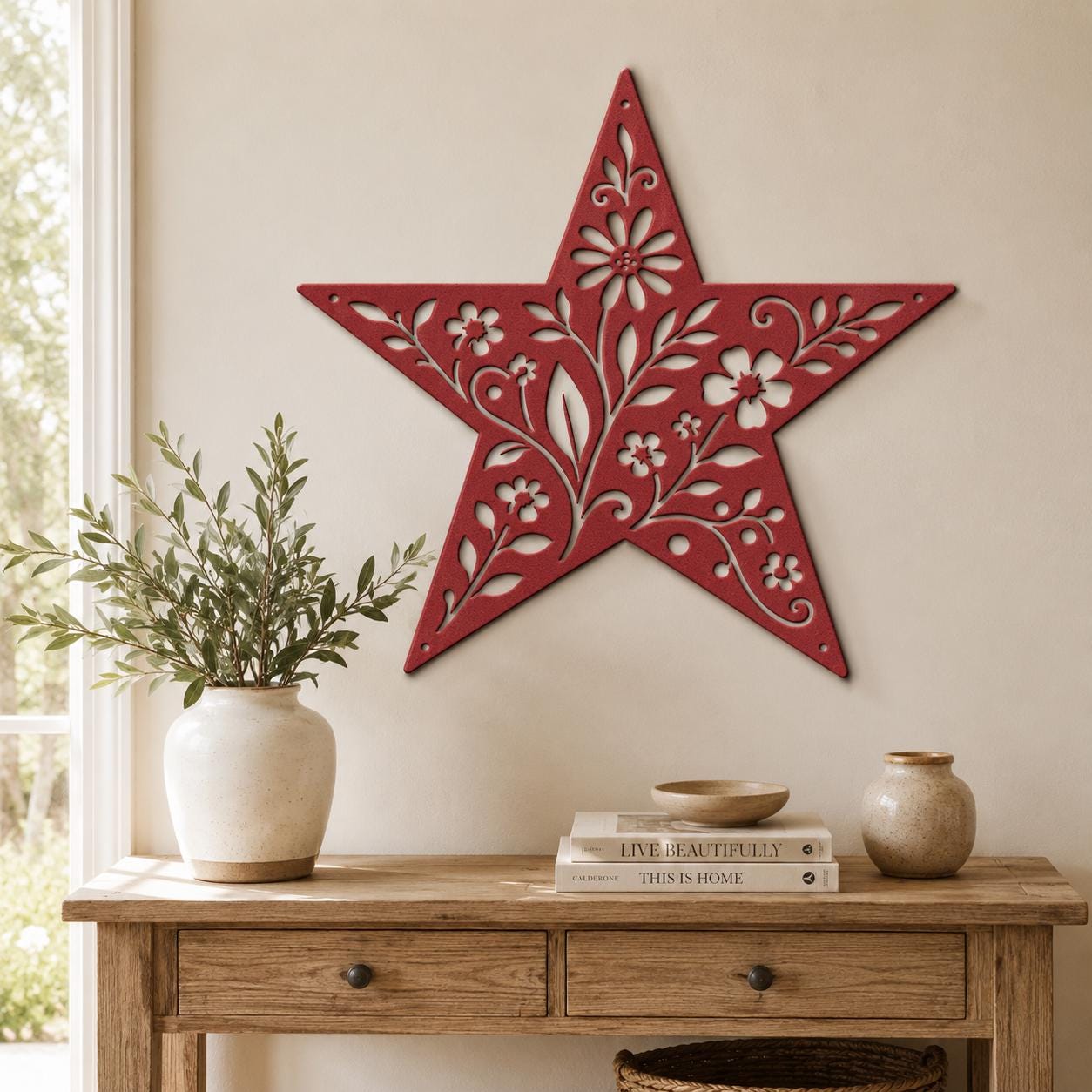 Floral Star Metal Sign, Rustic Botanical Wall Art, Farmhouse Steel Plaque, Garden Inspired Home Decor, Handmade Housewarming Gift
