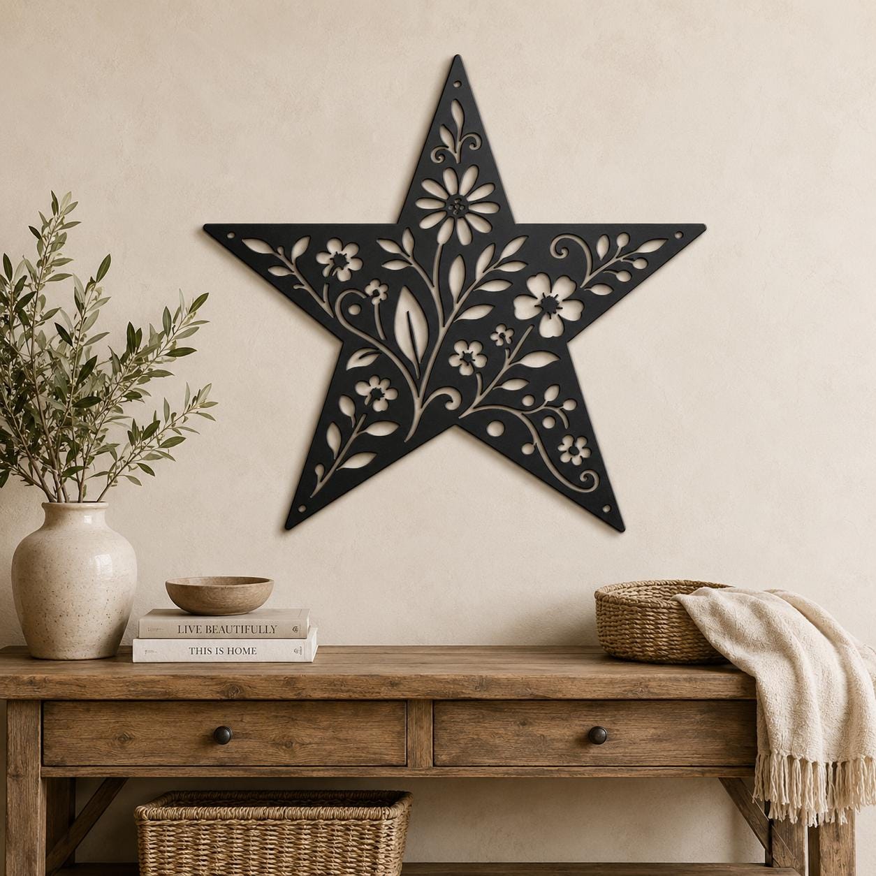 Floral Star Metal Sign, Rustic Botanical Wall Art, Farmhouse Steel Plaque, Garden Inspired Home Decor, Handmade Housewarming Gift