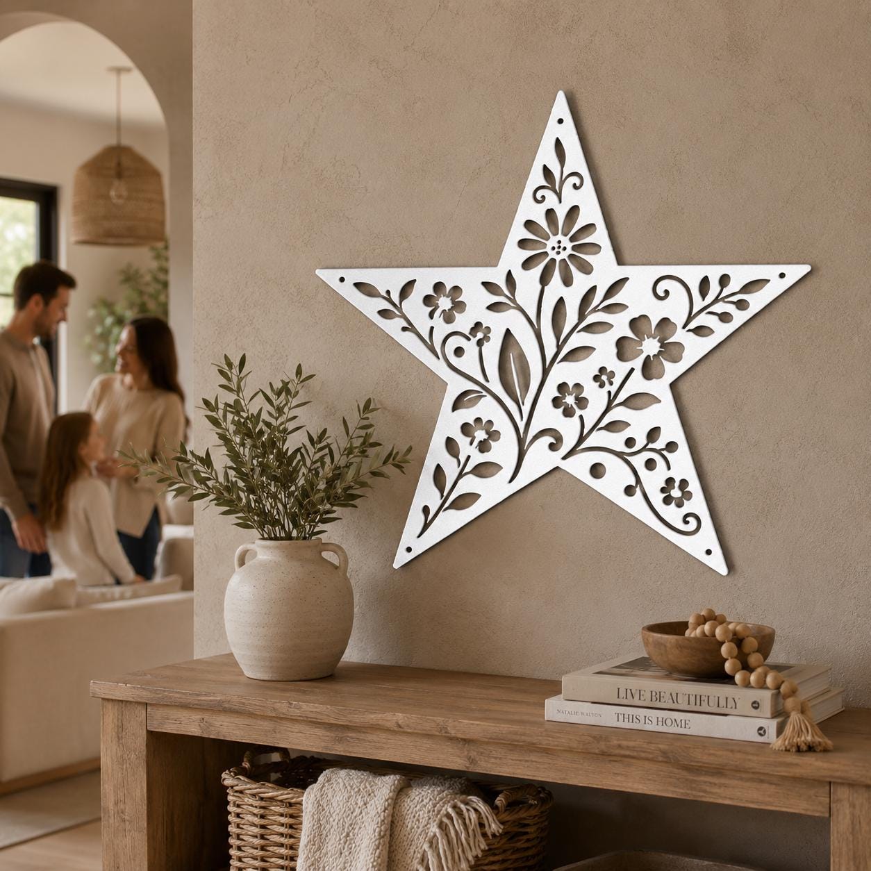 Floral Star Metal Sign, Rustic Botanical Wall Art, Farmhouse Steel Plaque, Garden Inspired Home Decor, Handmade Housewarming Gift