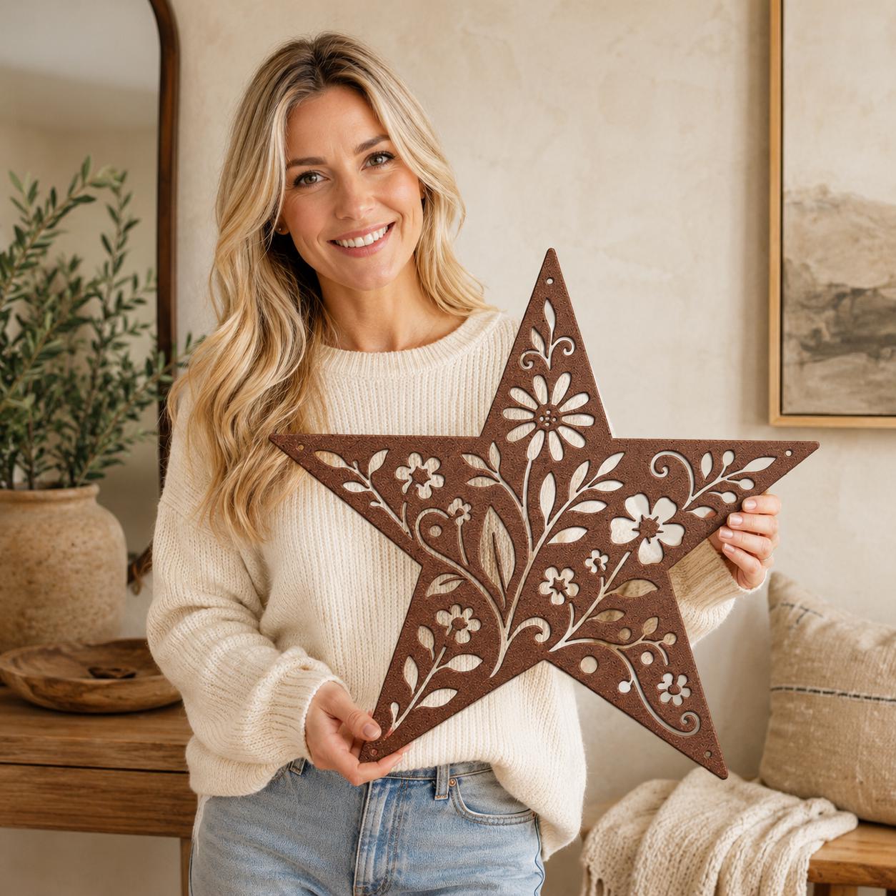 Floral Star Metal Sign, Rustic Botanical Wall Art, Farmhouse Steel Plaque, Garden Inspired Home Decor, Handmade Housewarming Gift