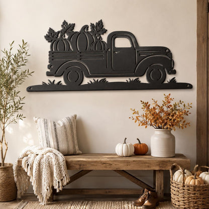 Fall Pumpkin Pickup Metal Sign, Vintage Harvest Truck Wall Decor, Farmhouse Autumn Entryway Art, Rustic Thanksgiving Country Home Accent